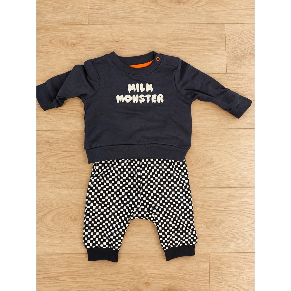 Cat & Jack Baby Milk Monster Sweatshirt and Checkered Jogger Set 0-3M Gray